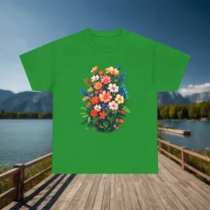 Flat lay of a green t-shirt with a blooming floral bouquet design