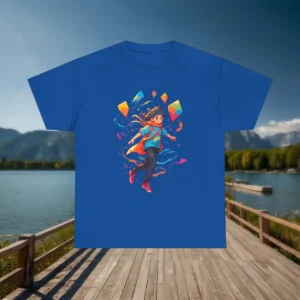 Flat lay of a blue t-shirt with a flying kites anime-style illustration