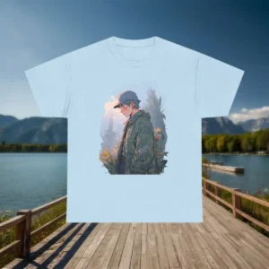 Flat lay of a light blue t-shirt with a foggy morning forest anime scene