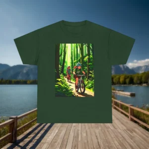 Flat lay of green t-shirt with animated forest trail and children biking
