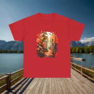 Flat lay of red t-shirt with a scenic fall forest trail illustration