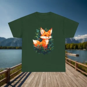 Flat lay of green t-shirt with a cute fox surrounded by green leaves