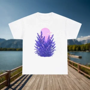 Flat lay of white t-shirt with lavender bouquet and pink sun illustration