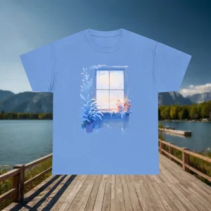 Flat lay of light blue t-shirt with frosty window design and houseplants