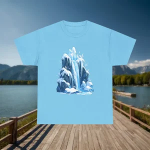 Flat lay of light blue t-shirt with a digital illustration of a frozen waterfall