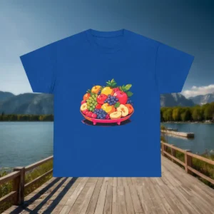 Flat lay of blue t-shirt with a vibrant fruit platter illustration