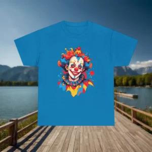 Flat lay of blue t-shirt with creepy colorful clown artwork