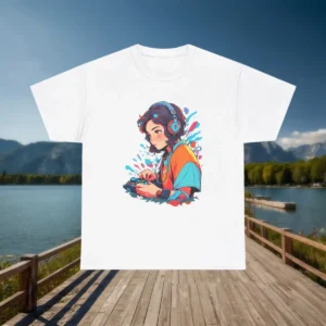 Flat lay of white t-shirt with vibrant female gamer illustration