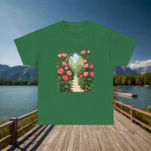 Flat lay of dark green t-shirt with garden path and rose arch design