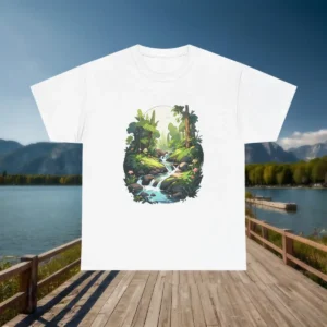 Flat lay of a white t-shirt featuring a peaceful forest stream design