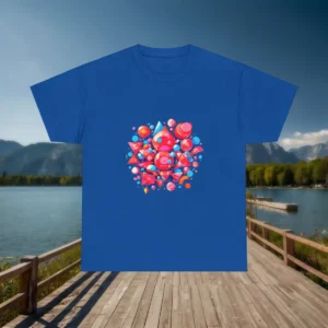 Flat lay of a royal blue t-shirt with a vibrant abstract geometric design