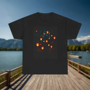 Flat lay of a black t-shirt with floating lantern design