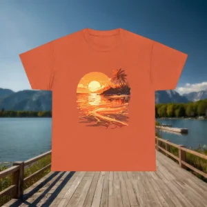 Flat lay of an orange t-shirt with a golden sunrise and tropical beach artwork