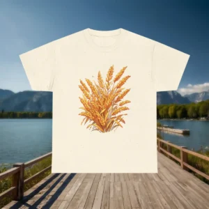 Flat lay of a natural color t-shirt with a bundle of golden wheat design