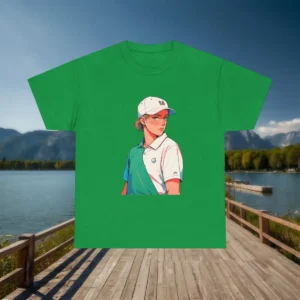 Flat lay of green t-shirt with anime-style female golfer design