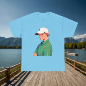 Flat lay of a light blue t-shirt with anime-style golf character print