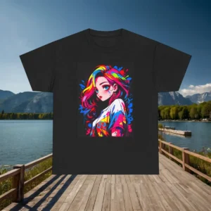 Flatlay of a black t-shirt with a vivid graffiti anime girl design, placed on a dock above a lake view.