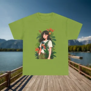 Flat lay of green t-shirt with a botanical girl illustration, placed on a wooden dock with scenic lake and mountains in the background.