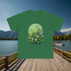 Flatlay of green t-shirt with colorful meadow flower bouquet illustration, displayed on a dock with nature in the background