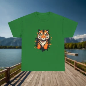Flat view of a green t-shirt with a centered tiger illustration in orange, black, and white tones