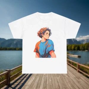 Flatlay of a white t-shirt featuring a manga-style portrait of a handball player in vibrant orange and blue tones
