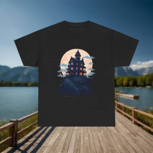 Flatlay of black t-shirt with haunted house illustration under a full moon, shown on a wooden dock background
