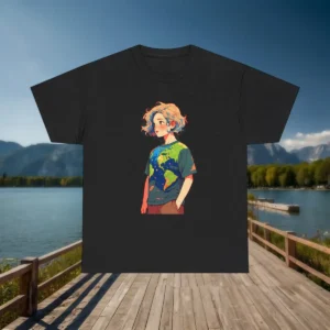 Flatlay of black t-shirt featuring anime-style character wearing a world map shirt, displayed on a dock with mountains in background