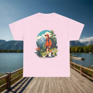 Flatlay of pink t-shirt with a cartoon hiker illustration in a mountain forest setting