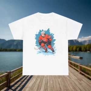 Flatlay of white t-shirt with dynamic illustration of a hockey player in red uniform skating on blue ice