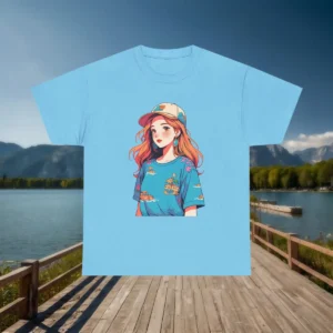 Flat view of a light blue t-shirt with a centered anime-style girl in a vacation-themed outfit