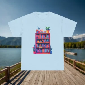 Flat lay of a light blue t-shirt with colorful bookshelf illustration, placed on a dock by a lake with mountain background.