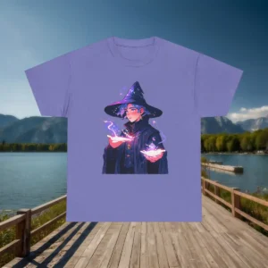 Flatlay of purple t-shirt with anime wizard illustration holding magical orbs glowing in pink and violet