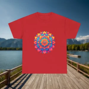 Flatlay of red t-shirt with a vibrant mandala floral design in pink, yellow, and blue tones