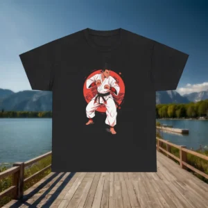 Flatlay of black t-shirt with a karate martial artist illustration in front of a red sun