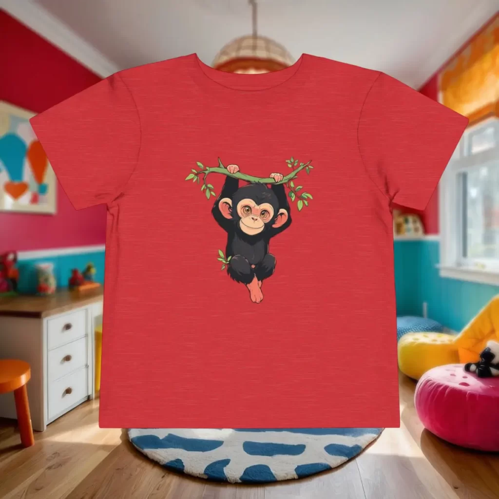 Toddler short sleeve tee with a baby chimpanzee hanging from a branch design, displayed in a colorful and cozy children's room.