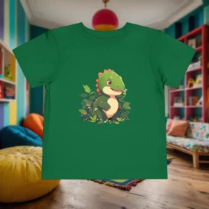 Toddler short sleeve tee featuring a baby apatosaurus design, displayed in a colorful and cozy children's room.