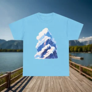 Flatlay of light blue t-shirt with minimalist snowy mountain peak design in blue and white