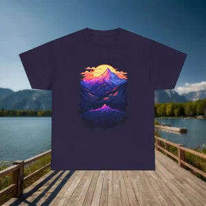 Flatlay of a black t-shirt with a vivid mountain range illustration and yellow sunset