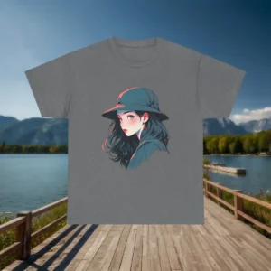 Flatlay of dark grey t-shirt with anime girl wearing a hat and looking over her shoulder