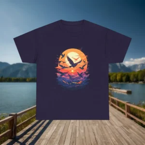 Flat lay of navy blue t-shirt with birds flying across a colorful sunset design, placed on a dock with lake and mountains in background.