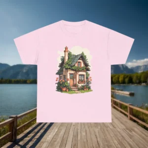 Flatlay of light pink t-shirt with old cottage illustration and plants