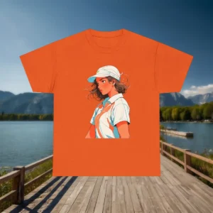 Flat front view of an orange t-shirt with a tennis girl anime-style illustration, set against a lake and mountain background