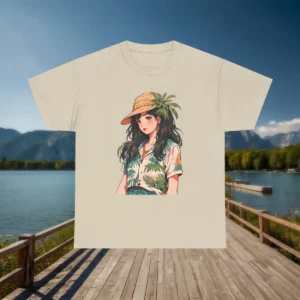 Flatlay of beige t-shirt with tropical anime girl wearing palm shirt and straw hat