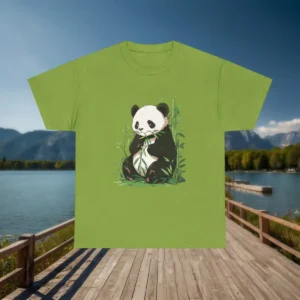 Flatlay of green t-shirt with sitting panda and bamboo illustration
