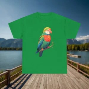 Flatlay of green t-shirt with colorful parrot perched on a small branch