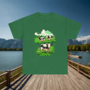 Flat lay of a green t-shirt with a cartoon-style cow and pasture illustration, placed on a boardwalk by the lake.