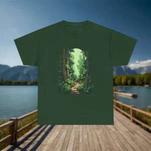 Flatlay of dark green t-shirt with forest trail illustration