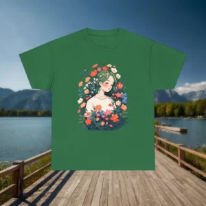 Flatlay of green t-shirt featuring a floral girl illustration with colorful flowers and greenery