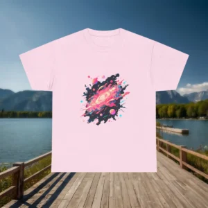 Flatlay of a pastel pink t-shirt with a vibrant space galaxy design, displayed on a boardwalk with lake and mountain scenery in the background.