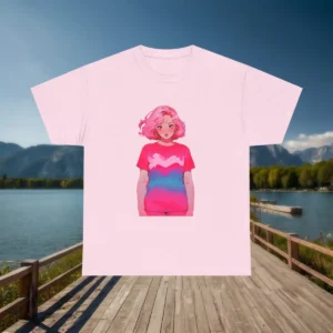 Flatlay of a light pink t-shirt with a pink gradient anime girl illustration, set against a lake and mountain landscape.
